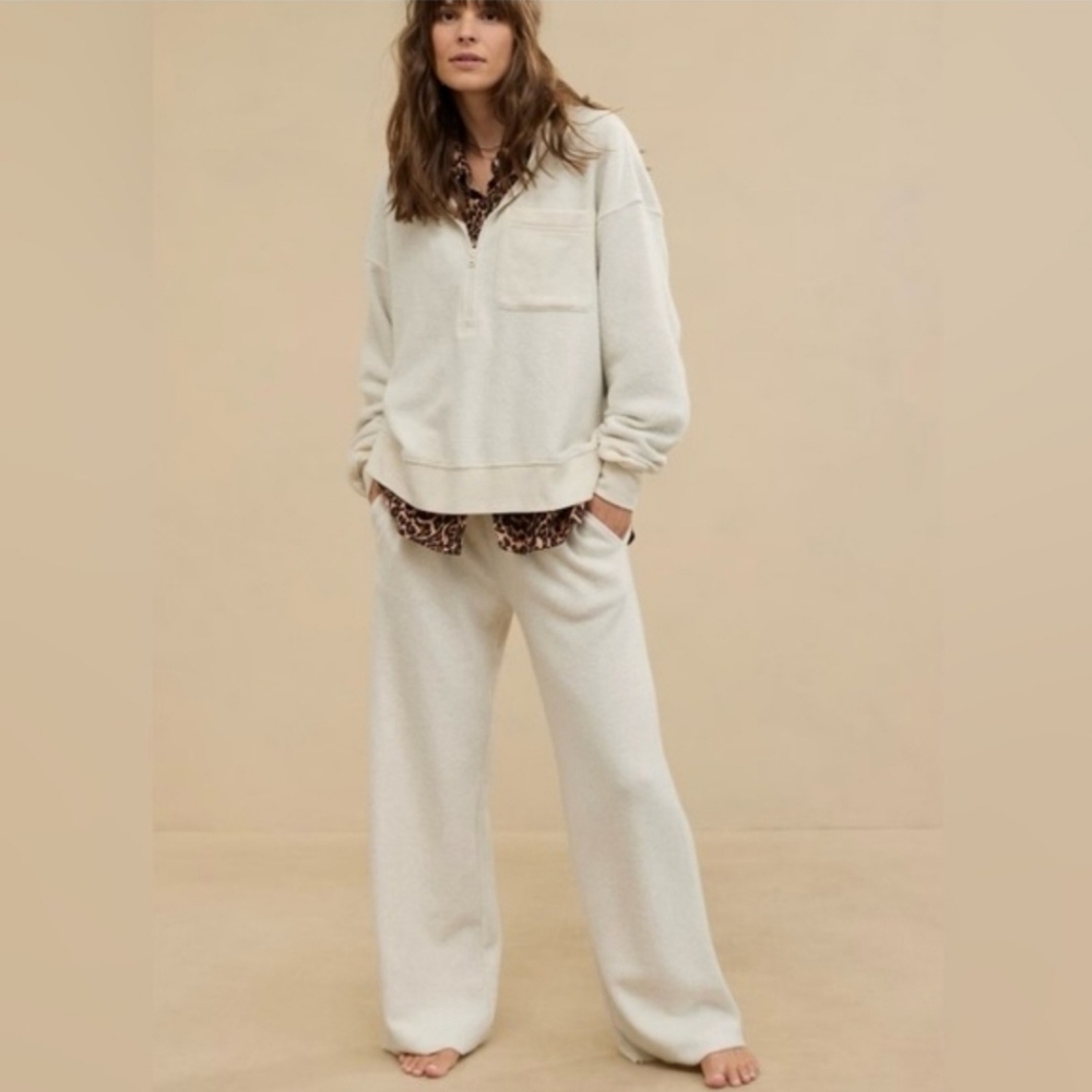 AERIE NWT Sofest Trouser Cream Ivory‎ Terry Sherpa Style Ultra Wide Leg Pants L